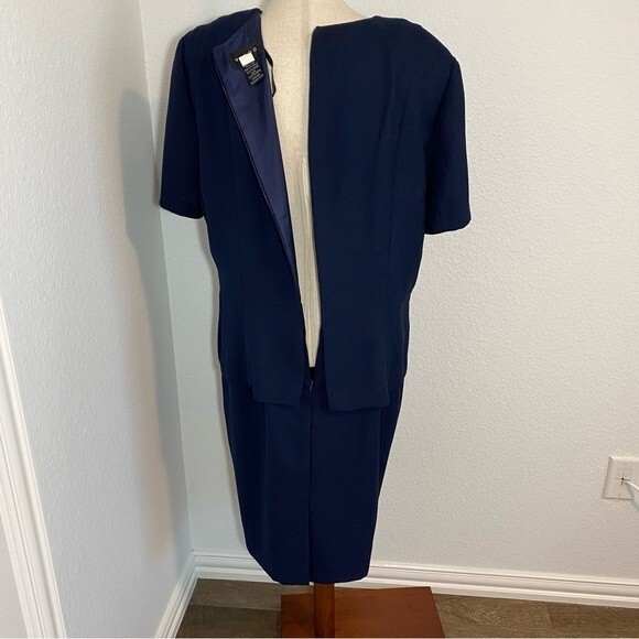 Vintage Navy Embroidery Midi Sheath Dress Deco Buttons Linen Look by VIRGO SZ 16 - Picture 8 of 13